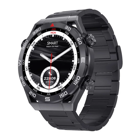 DT No.1 DT Ultramate (47mm) bluetooth hívás, pulzus-, vérnyomás- és véroxigénmérő multisport okosóra magyar nyelvű alkalmazással és ajándék pótszíjjal – Oyster szíj (rozsdamentes acél) (fekete)